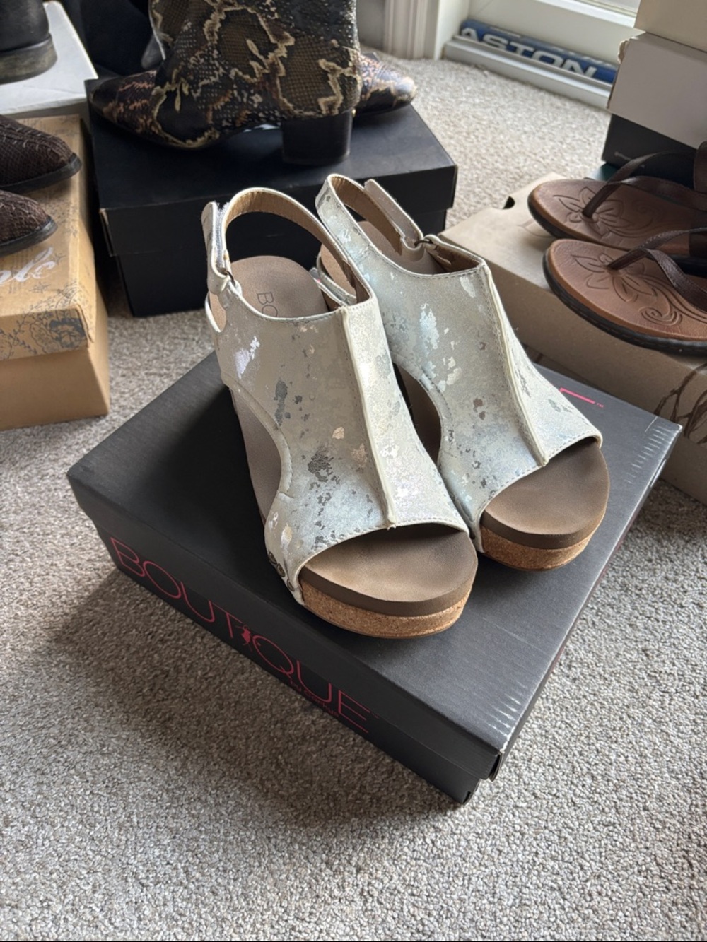 Boutique Metallic Silver Peep-Toe Wedge Sandals